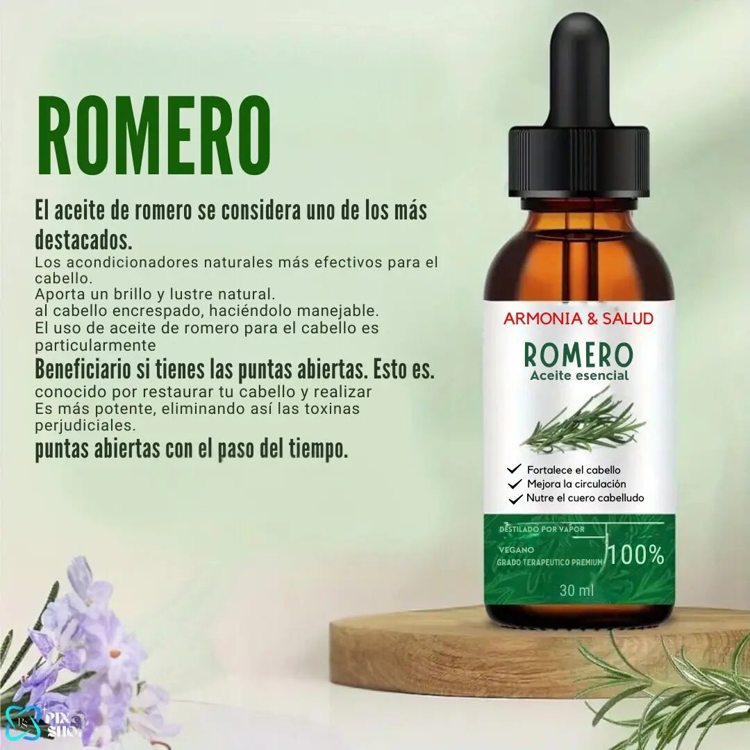 Aceite esencial de Romero para el cabello, fortalece, mejora circulación y nutre el cuero cabelludo.