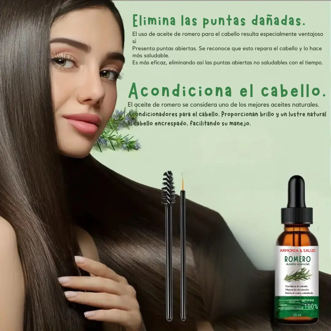 Aceite esencial de romero para cabello, elimina puntas dañadas, acondiciona y da brillo natural.
