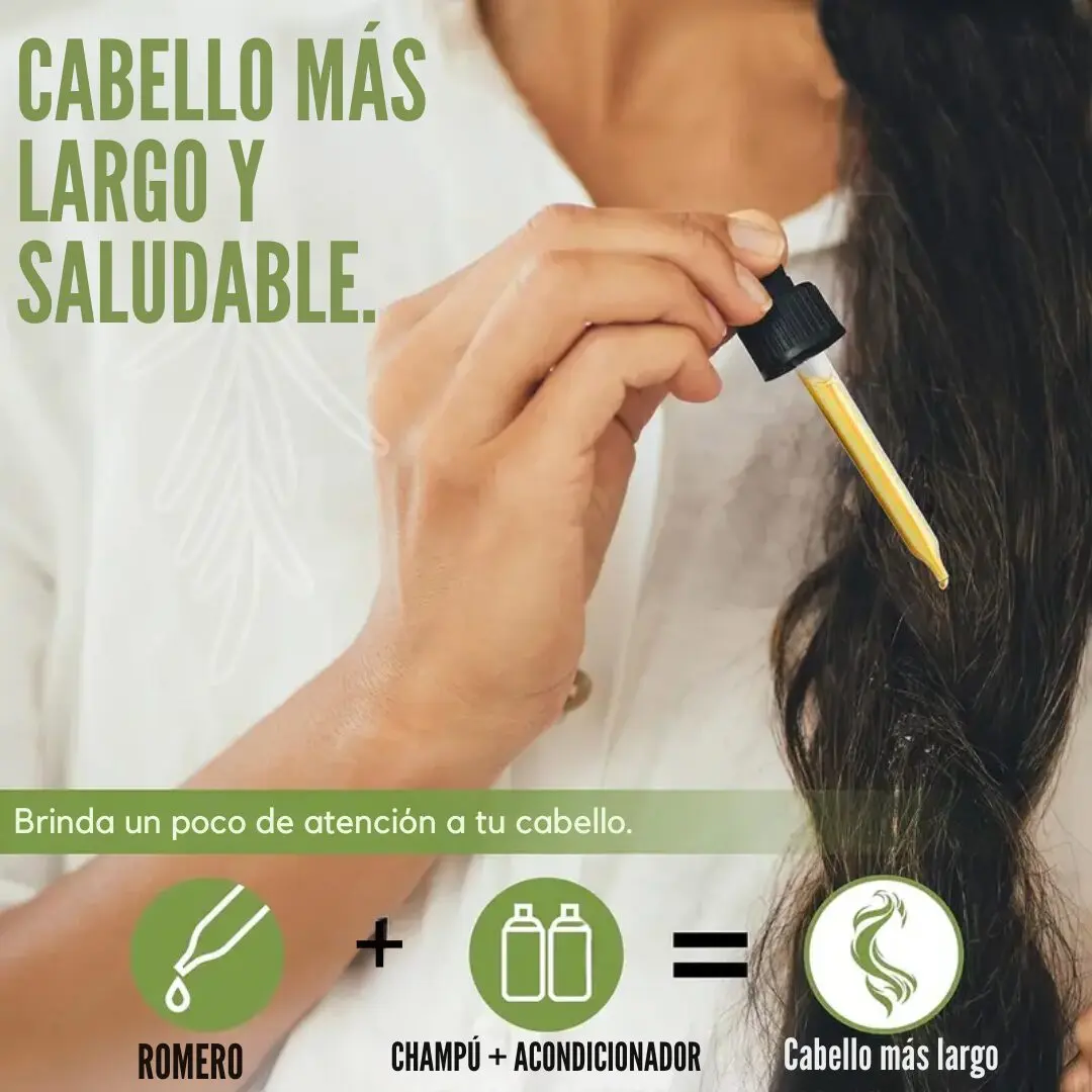 Aceite esencial de romero para cabello más largo y saludable, aplicado con gotero.