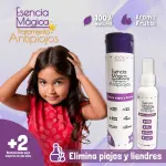 Esencia Mágica Tratamiento Anti Piojos: Niña con cabello sano, shampoo y spray anti piojos.