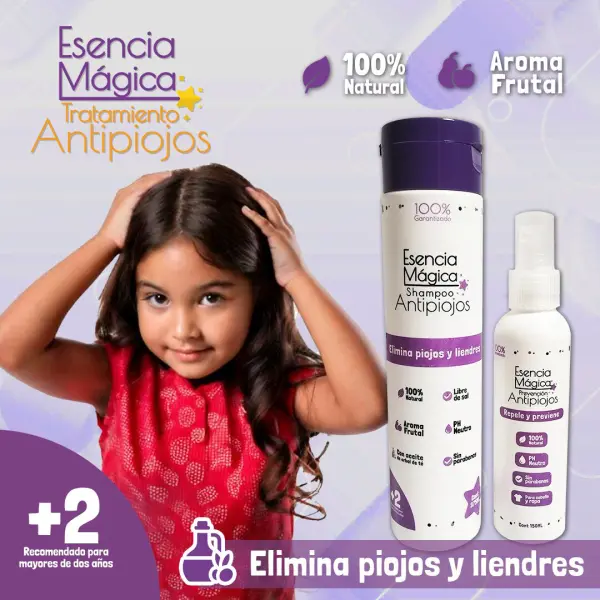 Esencia Mágica Tratamiento Anti Piojos: Niña con cabello sano, shampoo y spray anti piojos.