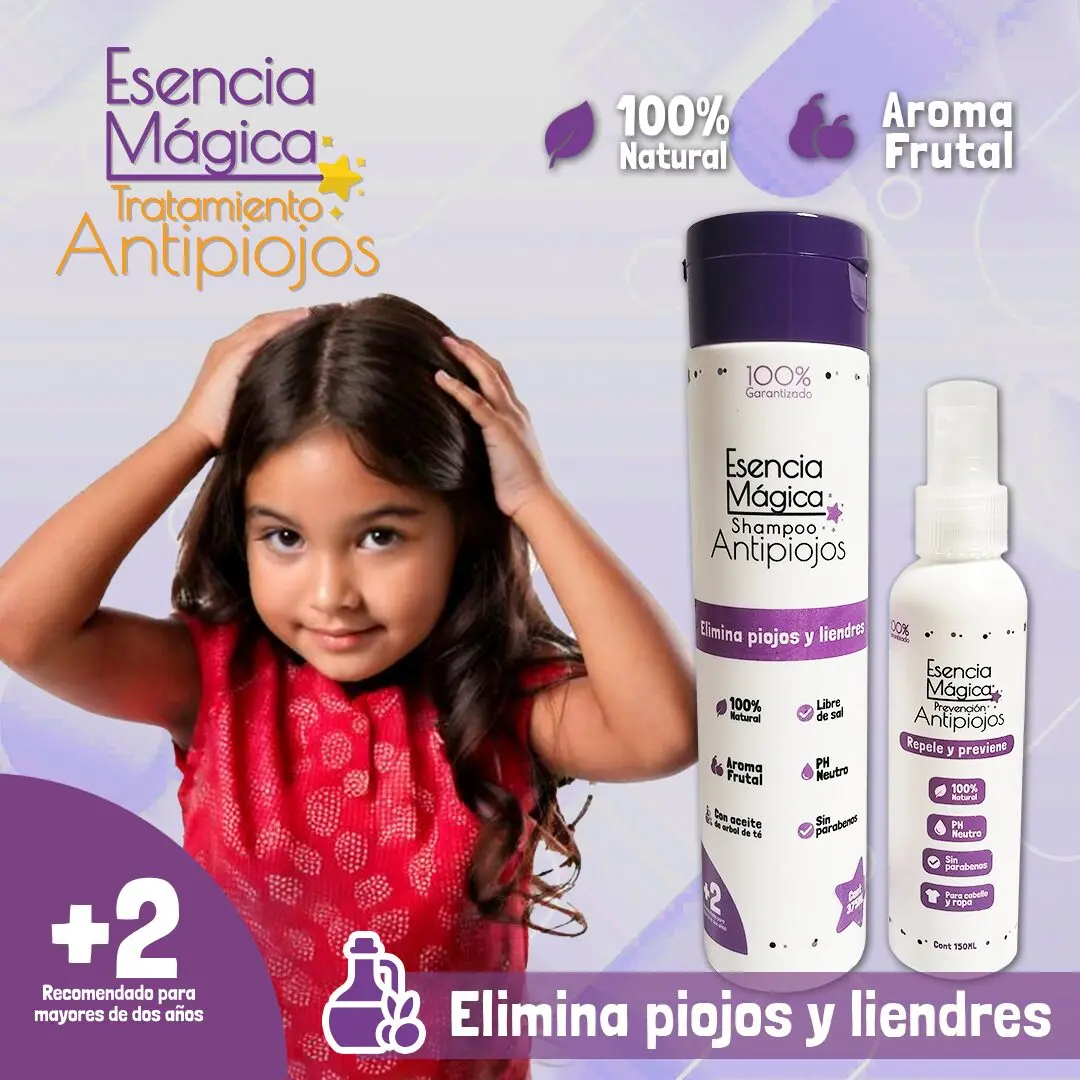 Esencia Mágica Tratamiento Anti Piojos: Niña con cabello sano, shampoo y spray anti piojos.