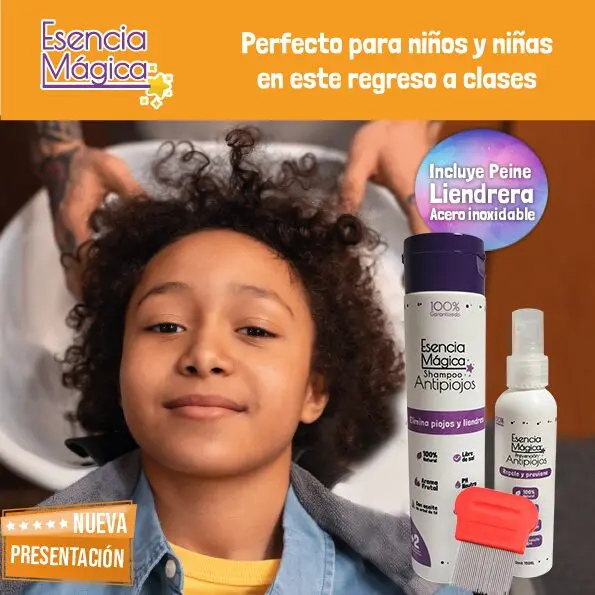 Niño con tratamiento anti piojos Esencia Mágica, ideal regreso a clases con peine.