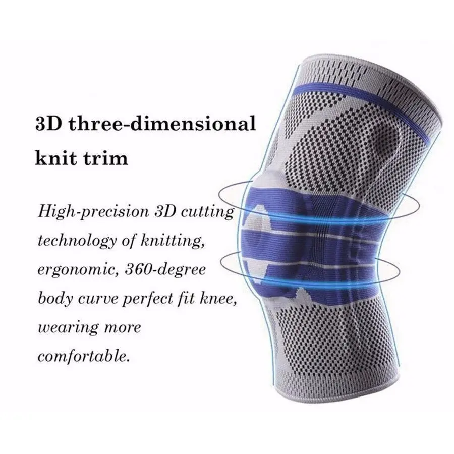 Rodillera de compresión con soporte de gel y tejido 3D, diseño ergonómico y ajuste perfecto.