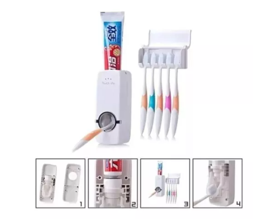 Dispensador de crema dental Touch Me con soporte para cepillos, color blanco.