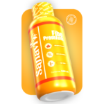 Fibo Premium: botella de suplemento naranja con símbolo de digestión y sellos de calidad.
