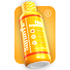 Fibo Premium: botella de suplemento naranja con símbolo de digestión y sellos de calidad.