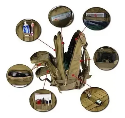 Bolso táctico deportivo de gran capacidad, con múltiples compartimentos y accesorios.