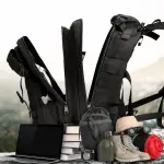Bolso táctico deportivo negro con laptop, libros, botas y binoculares para aventura.