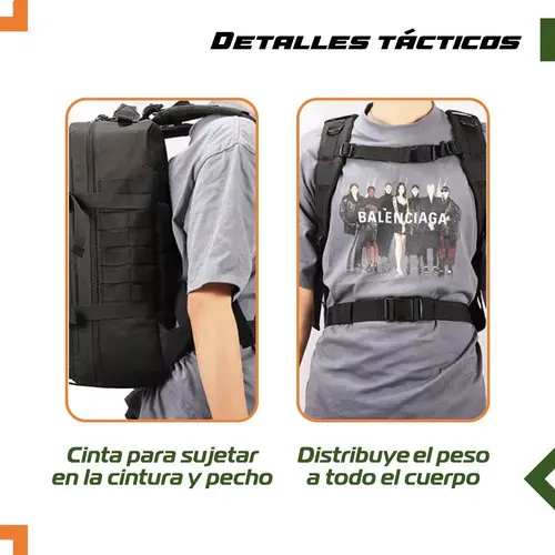 Bolso táctico deportivo con cintas de ajuste en pecho y cintura para distribuir el peso.