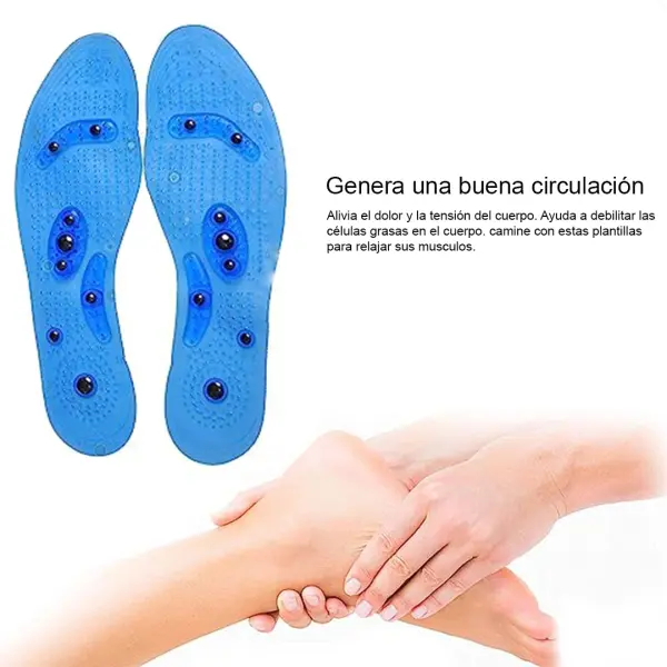 Plantillas terapéuticas con iones para mejorar circulación, aliviar dolor y relajar músculos.