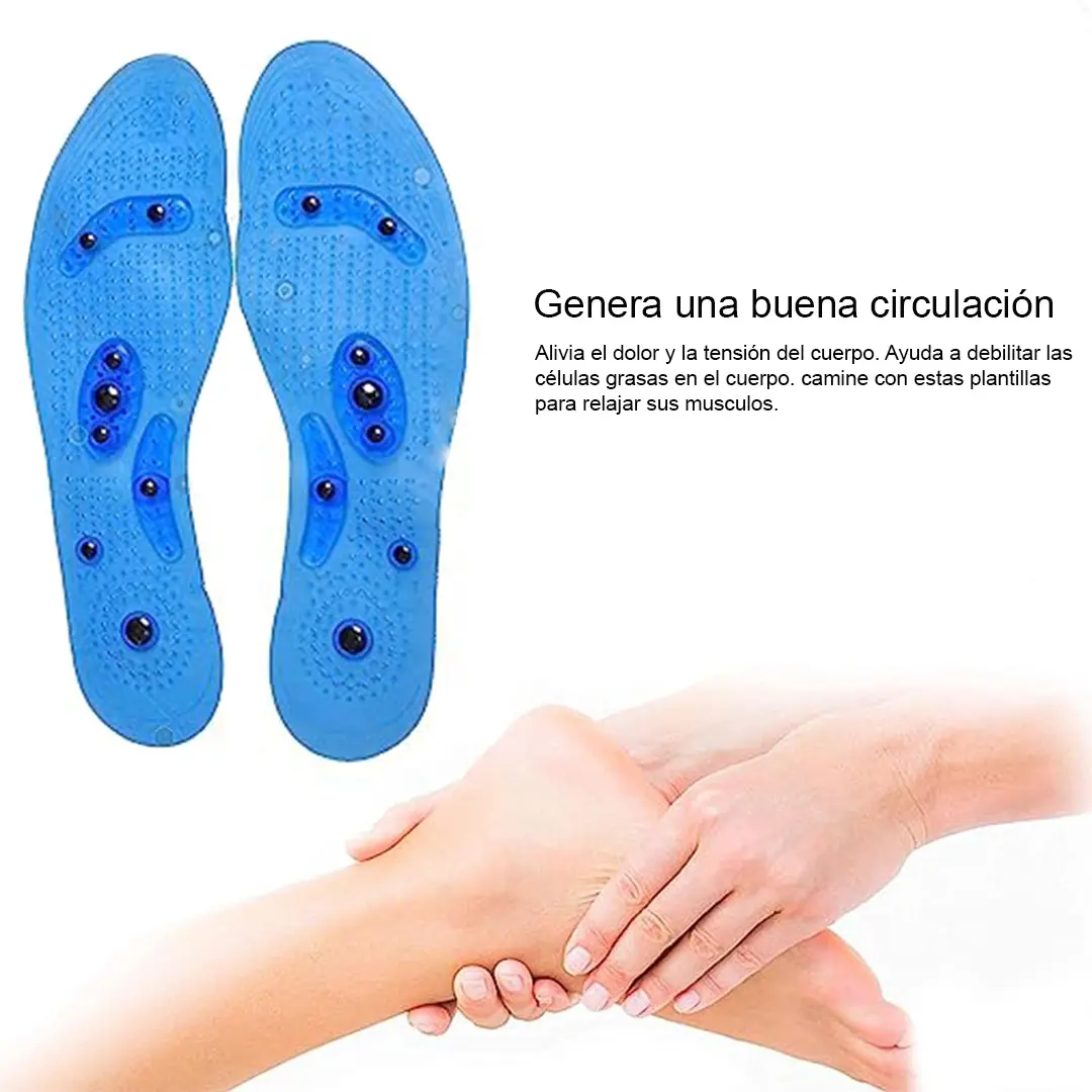 Plantillas terapéuticas con iones para mejorar circulación, aliviar dolor y relajar músculos.