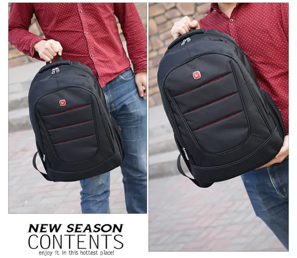 Bolso morral casual para hombre, negro con detalles rojos, ideal para uso diario.
