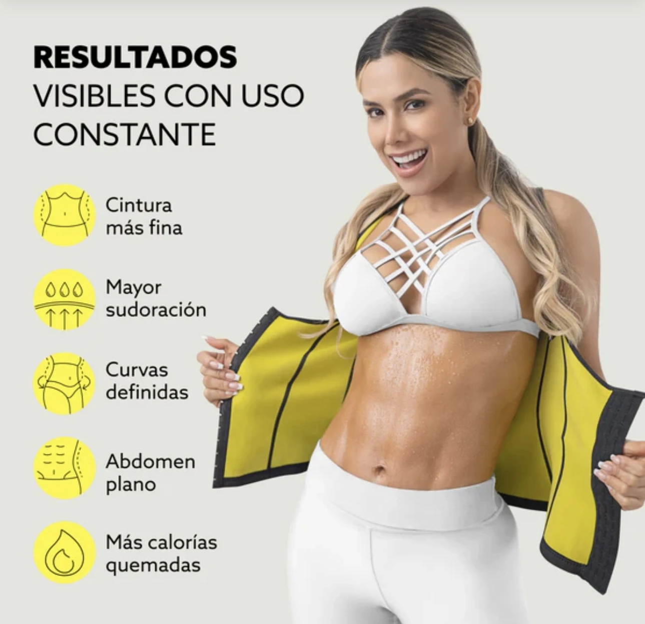 Cinturilla de neopreno amarilla y negra, tipo sauna, usada por mujer con abdomen tonificado, mostrando resultados visibles.