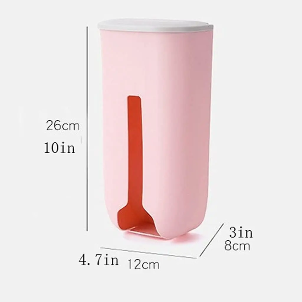 Dispensador plástico rosa para bolsas con adhesivo, 26cm de alto, 12cm de ancho.