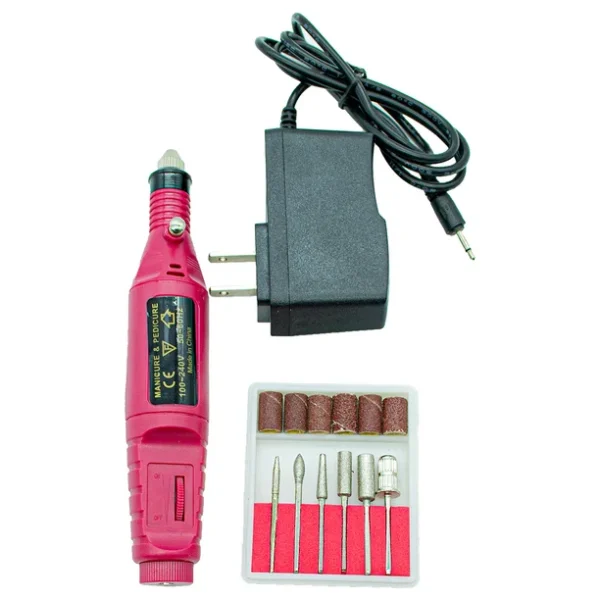 Kit pulidor de uñas eléctrico rosa con adaptador y accesorios de manicura y pedicura.
