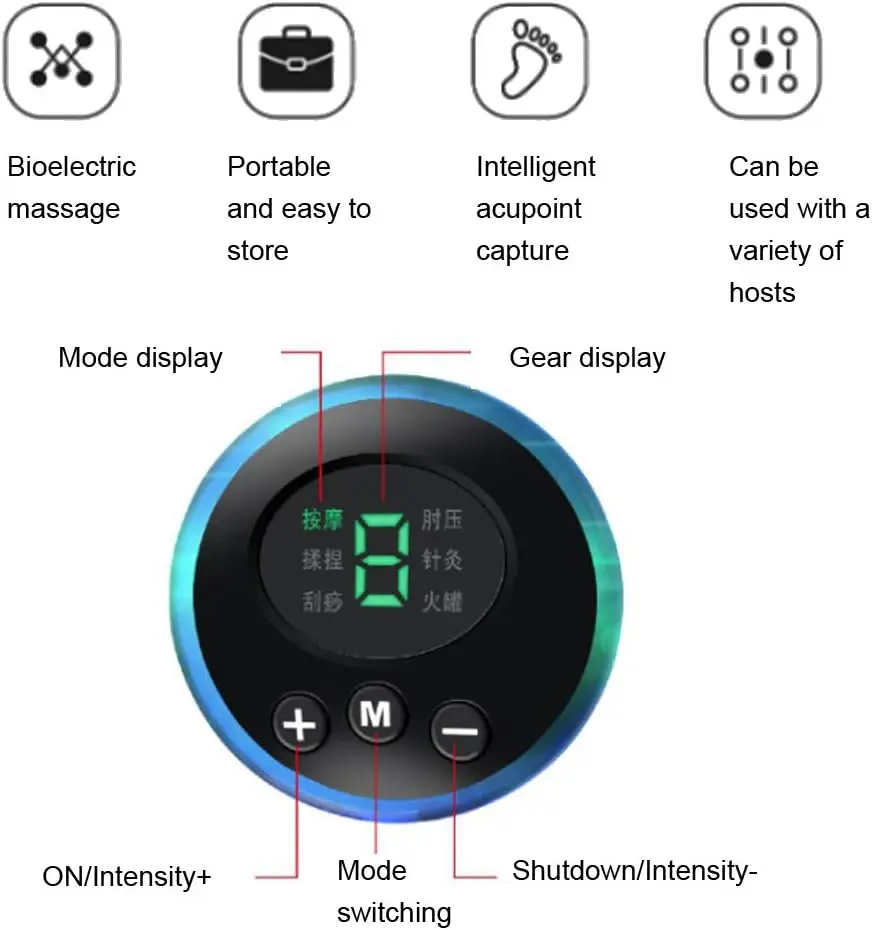 Masajeador de pies relajante con pantalla LED de modos, intensidad y botones de control.