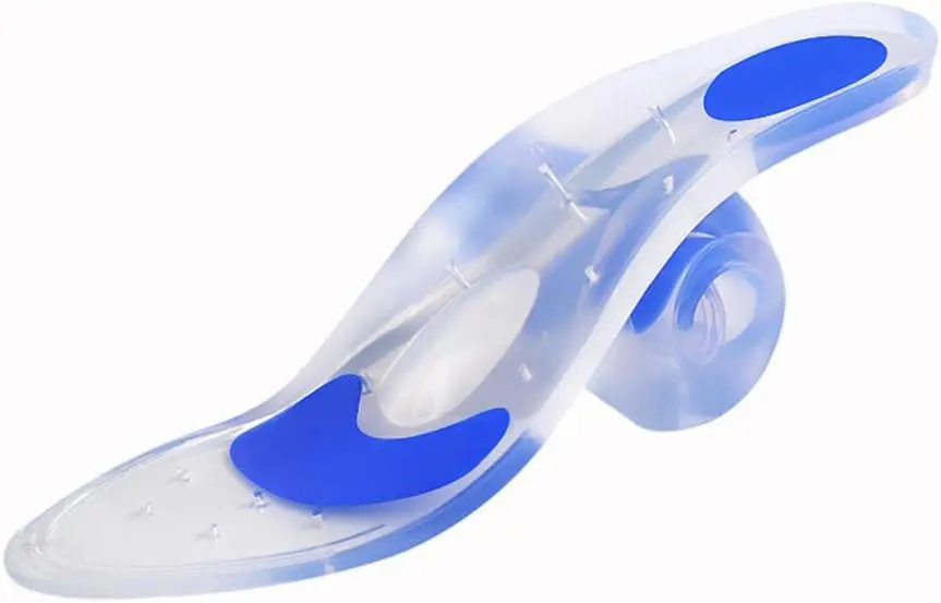 Plantilla ortopédica de silicona azul, ultraliviana y cómoda para soporte del arco del pie.