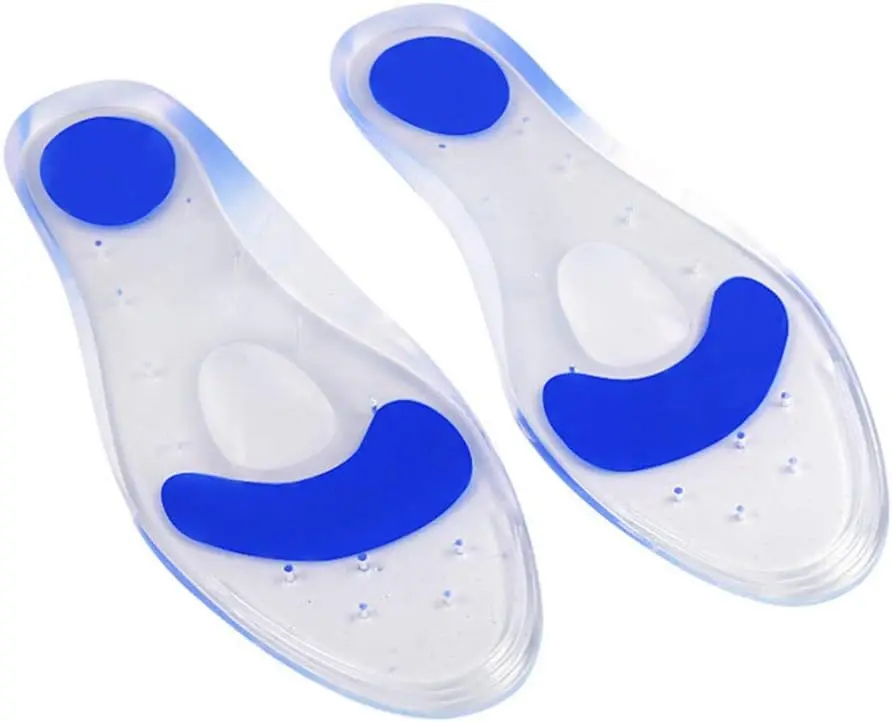 Plantillas ortopédicas de silicona azul y transparente, con soporte para arco y talón.