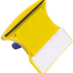 Limpiavidrios magnético, amarillo, con esponja blanca y mango azul.