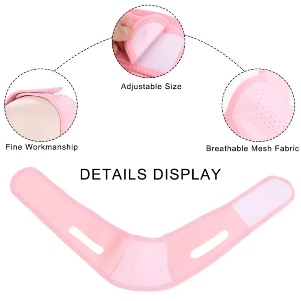 Faja facial reductora de papada color rosa, con ajuste y material transpirable.