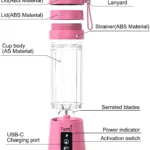 Licuadora personal portátil TASTL de color rosa con vaso transparente, tapas, sorbete y base de carga USB-C.