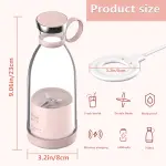 Mini licuadora portátil rosa con medidas y características: doble cuchilla, carga inalámbrica, 350ml.