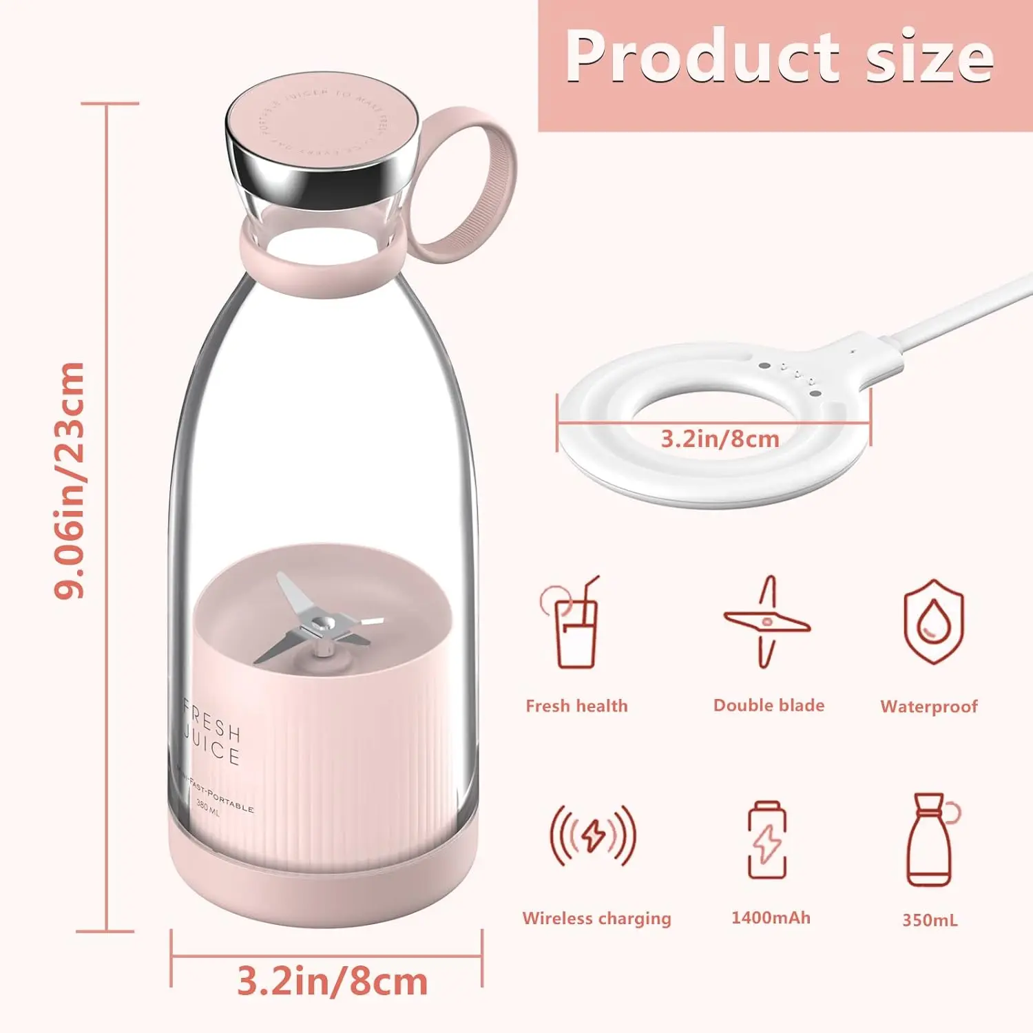 Mini licuadora portátil rosa con medidas y características: doble cuchilla, carga inalámbrica, 350ml.