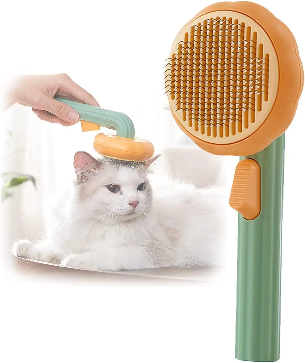 Cepillo removedor de pelo para mascotas Pet Brush en acción con gato de pelo largo blanco.