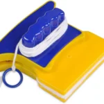 Limpiavidrios magnético azul y amarillo con cuerda para limpieza de ventanas en altura.