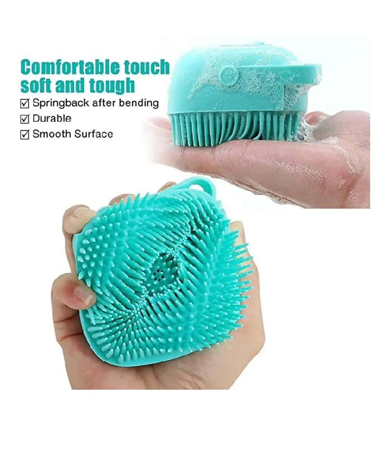 Cepillo de baño de silicona azul con cerdas suaves y flexibles, ideal para la ducha.