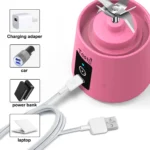 Licuadora portátil personal rosa con carga USB para coche, portátil y power bank.