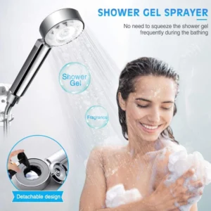 Ducha multifuncional con dispensador de gel y fragancia para un baño relajante.