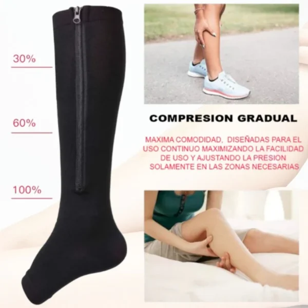 Medias de compresión con cremallera, 30-100%, para aliviar piernas cansadas y mejorar circulación.