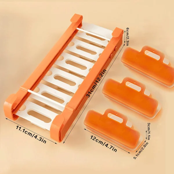 Estante organizador de nevera naranja con clips para bolsas de alimentos, dimensiones 31x6cm.