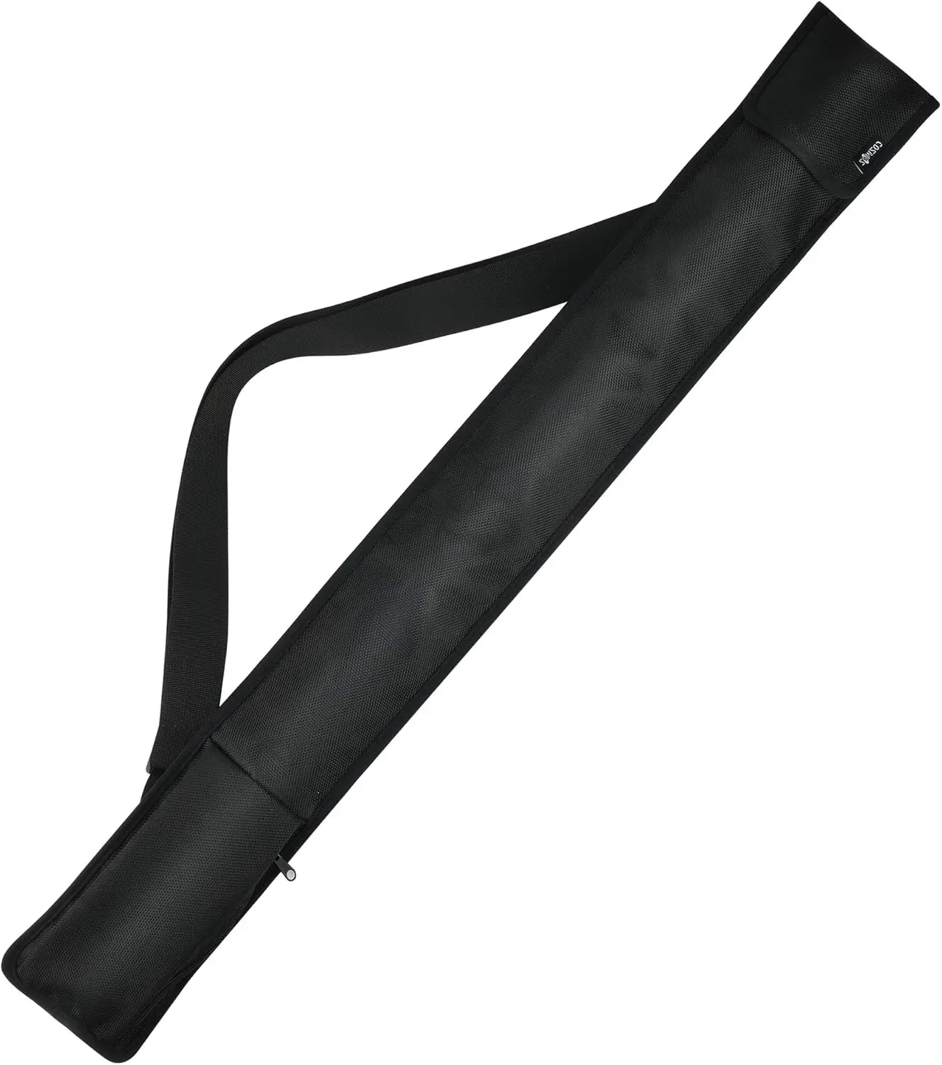 Estuche negro para taco de billar en lona con correa para llevar al hombro, texto "cosmos" visible.