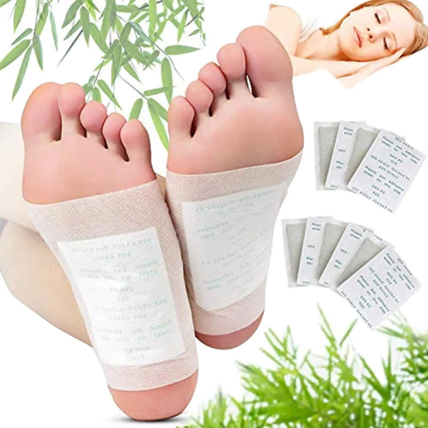 Foot Parches para pies en venta: pies con parches de bambú y mujer durmiendo.
