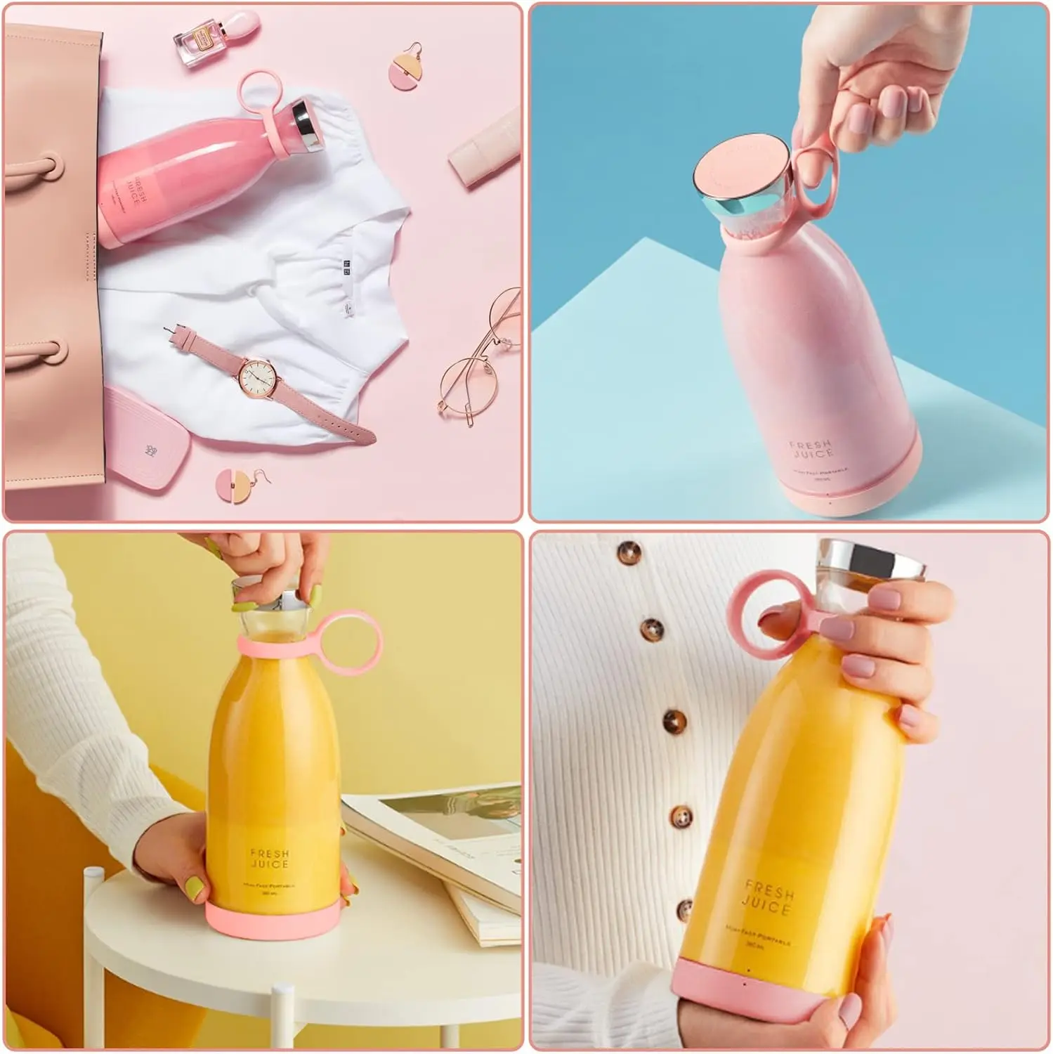 Botella mini licuadora portátil rosa con jugo de naranja en un set de estilo de vida.