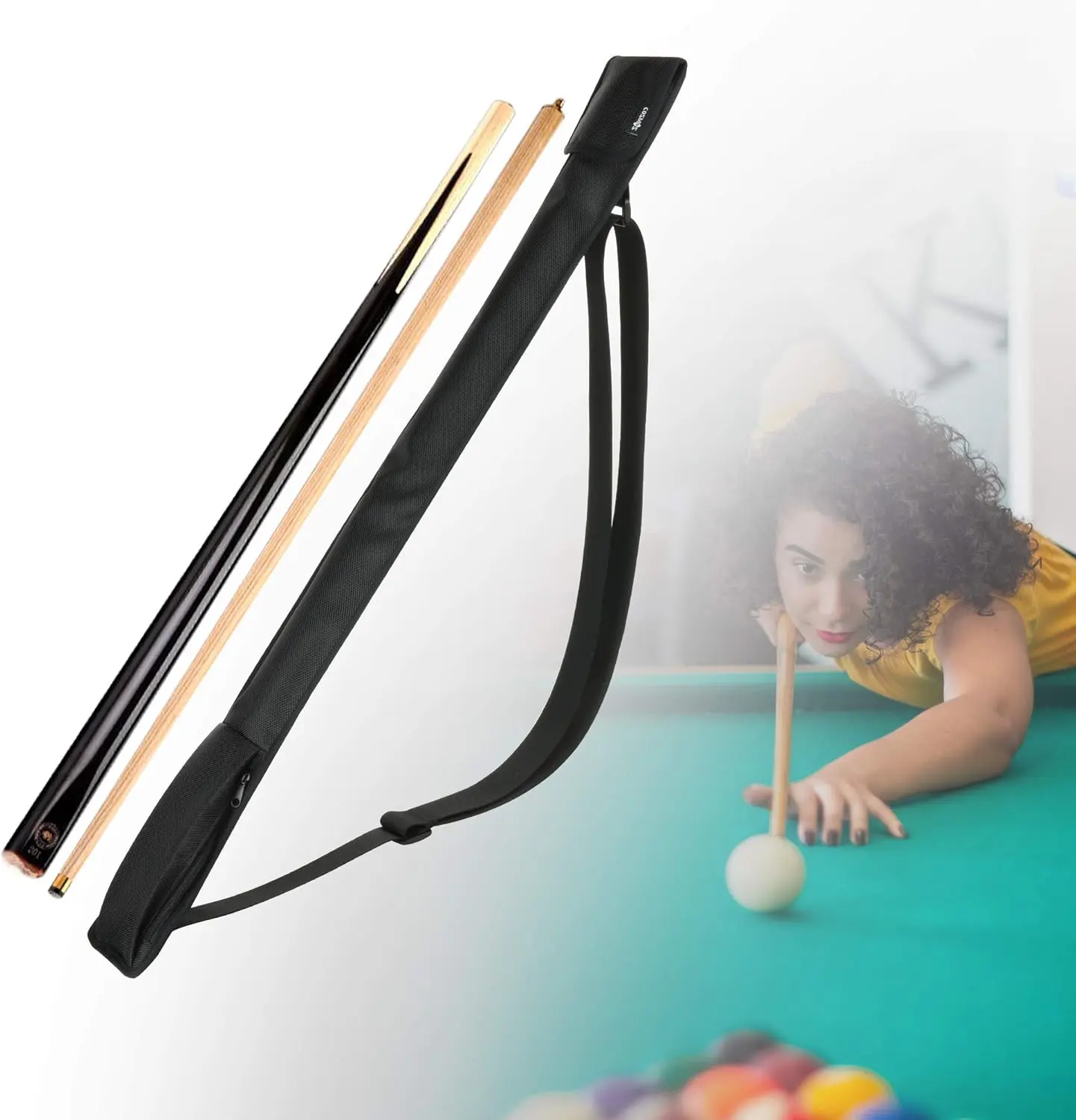 Estuche de lona negro para taco de billar con mujer jugando al billar