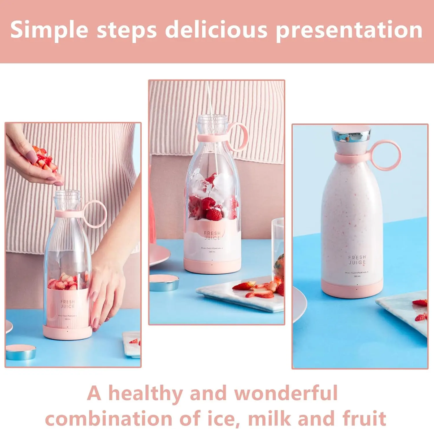 Botella Mini Licuadora Portátil rosa con fresas y hielo, y bebida rosa en vaso.