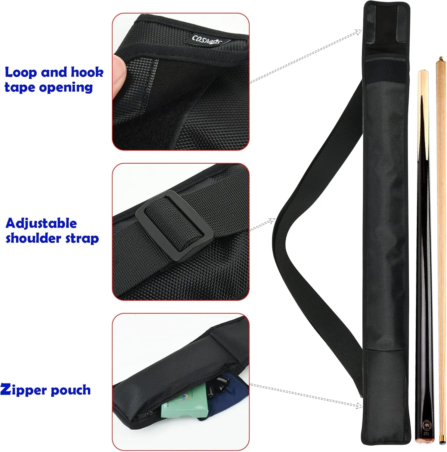 Estuche de lona negro para taco de billar con correa ajustable, bolsa y cierre de velcro.