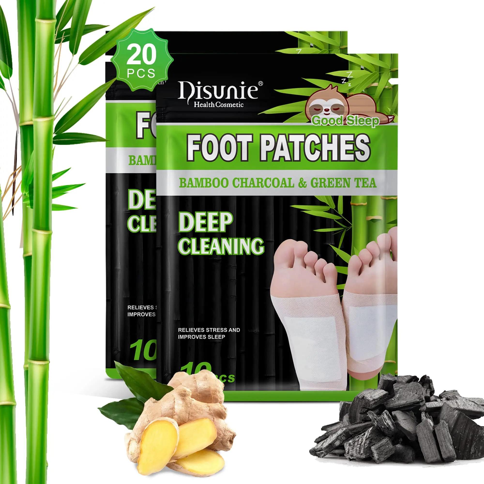Foot Parches Disunie con carbón de bambú y té verde, para limpieza profunda y buen dormir.