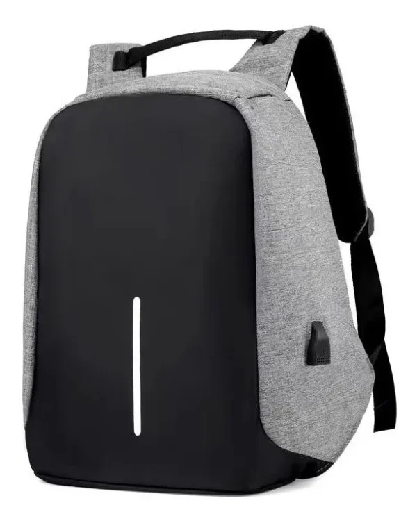 Morral antirrobo negro y gris con puerto USB visible y diseño moderno.