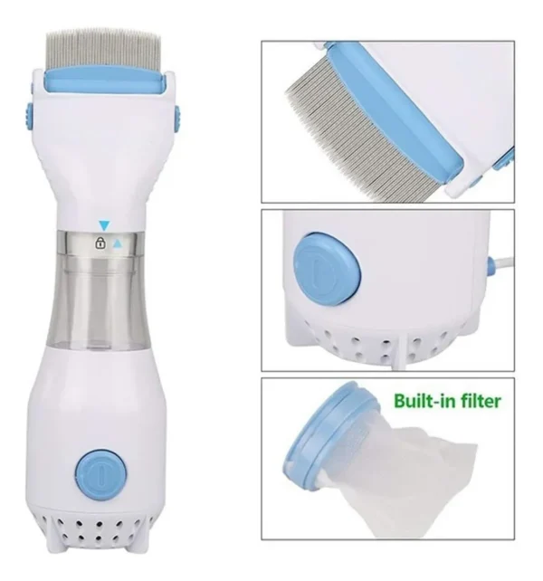 Cepillo eléctrico V-Comb para eliminar piojos y pulgas con filtro integrado y peine metálico.
