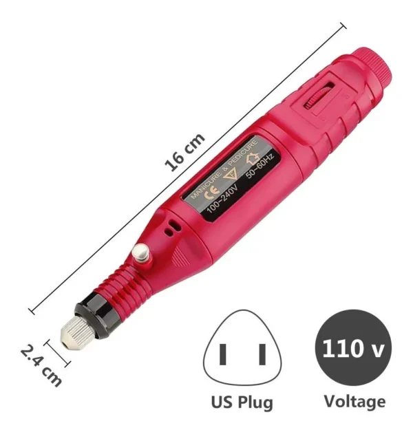 Kit pulidor de uñas eléctrico rojo, 16 cm de largo, 2.4 cm de ancho. Incluye adaptador US.