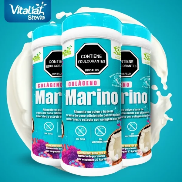 Colágeno Marino Vitaliak Stevia en polvo, con coco, vitaminas y minerales, sin soya ni maltodextrina.