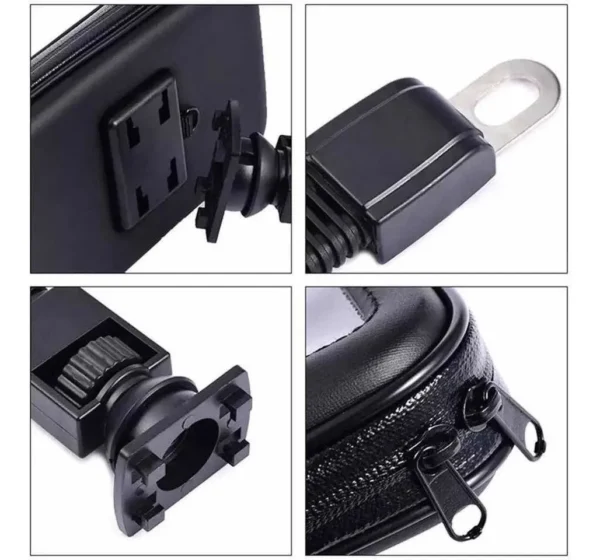 Soporte para celular impermeable para moto con montaje giratorio y cierre doble.