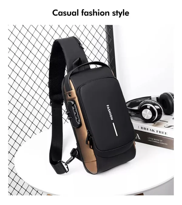 Canguro bolso antirrobo de moda unisex con candado y auriculares sobre libro de "Break Free".