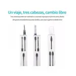 Cepillo limpiador de teclado con 3 cabezales intercambiables: nylon, esponja y punta metálica.