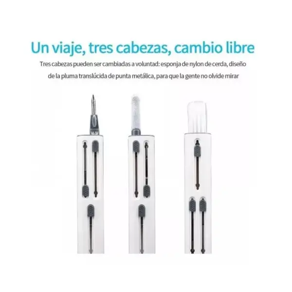 Cepillo limpiador de teclado con 3 cabezales intercambiables: nylon, esponja y punta metálica.